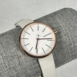 Skagen Watch Womens 30mm White Dial Rose Gold Leather Strap Quartz New Battery